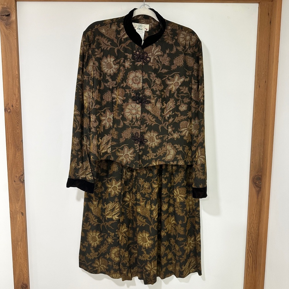 Orvis Vintage Skirt Suit Set Womens 18 Brown Floral Tapestry Herringbone USA